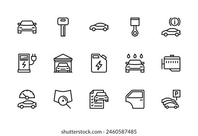 Automobile vector linear icons set. Contains such icons as car key, piston, stop signal, electric refueling, garage, workshop, canister and more. Car related icons collection on white background.