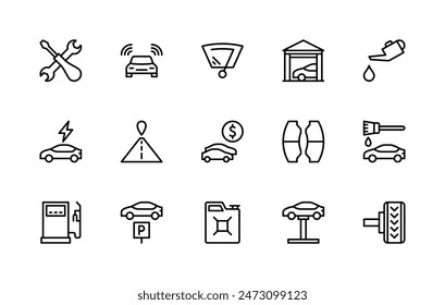 Automobile vector linear icons set. Contains such icons as tool, signaling, car rear window, garage, workshop, oil, electric car, road and more. Car related icons collection on white background.