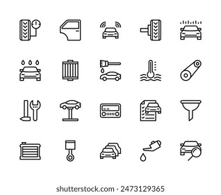 Automobile vector linear icons set. Contains such icons as car tires, automotive diagnostics, signaling, auto parts, lift, player and more. Isolated car related icons collection on white background.