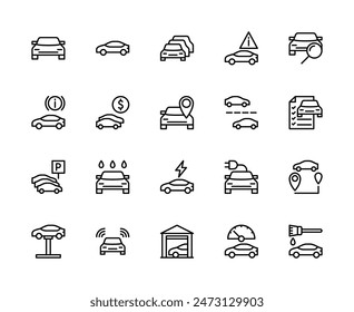 Conjunto de iconos lineales de Vector de automóvil. Contiene iconos como la señal de parada, sala de exposición de coches, frenos, venta de coches, ruta, carretera, movimiento y más. Iconos relacionados con coches aislados colección sobre fondo blanco.