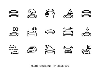 Automobile vector linear icons set. Contains such icons as route, navigator, autoplayer, watering can, radiator, signaling, battery and more. Car related icons collection on white background.