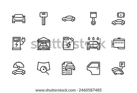Automobile vector linear icons set. Contains such icons as car key, piston, stop signal, electric refueling, garage, workshop, canister and more. Car related icons collection on white background.