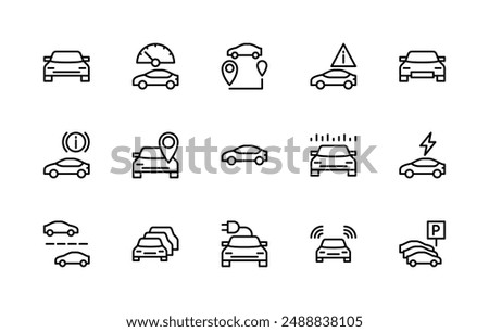 Automobile vector linear icons set. Contains such icons as route, navigator, autoplayer, watering can, radiator, signaling, battery and more. Car related icons collection on white background.