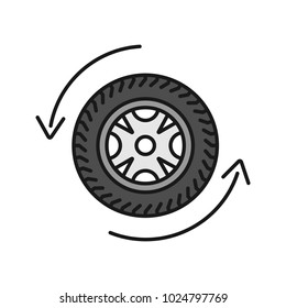 Automobile wheel changing color icon. Car rim and tire with circle arrow. Isolated vector illustration