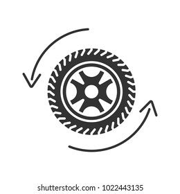 Automobile wheel changing glyph icon. Car rim and tire with circle arrow. Silhouette symbol. Negative space. Vector isolated illustration