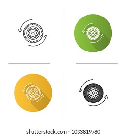 Automobile wheel changing icon. Flat design, linear and color styles. Car rim and tire with circle arrow. Isolated vector illustrations