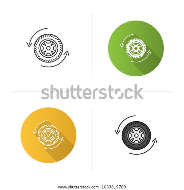 Automobile wheel changing icon. Flat\
design, linear and color styles. Car rim and tire with circle\
arrow. Isolated vector\
illustrations