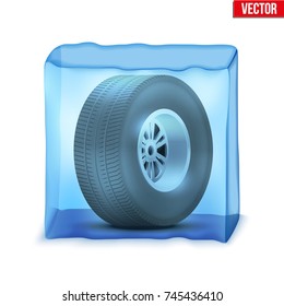 Automobile wheel in the ice cube. Symbol of winter season driving. Vector Illustration isolated on white background.