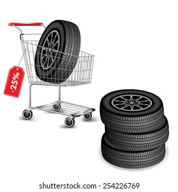 Automobile wheels and shopping cart. Vector illustration