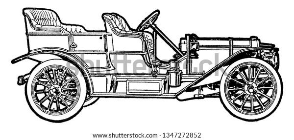 Automobile which is one of the first\
working motor cars invented in the early 1900 using a gasoline\
engine, vintage line drawing or engraving\
illustration.
