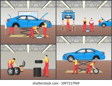 Automobile workshop set of vector illustrations mechanics in work equipment and vehicles on lifts, wheels or tyre fitting, engine inspection service