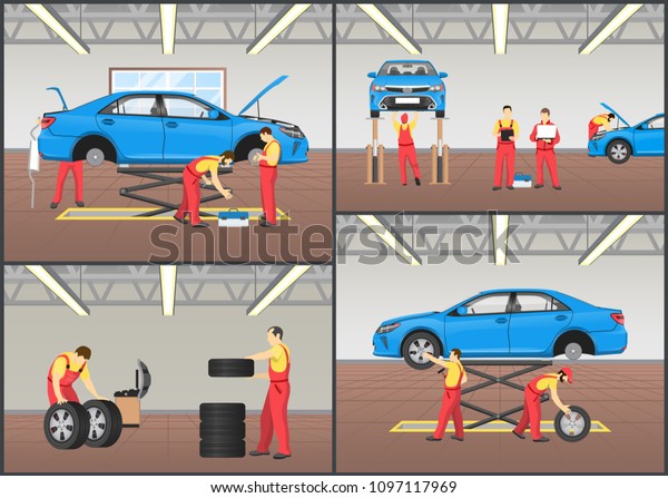 Automobile workshop set of vector illustrations\
mechanics in work equipment and vehicles on lifts, wheels or tyre\
fitting, engine inspection\
service
