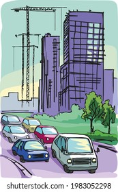 Automobiles drive along the road against the background of houses and cranes under construction. Color sketch.