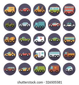 Automobiles Flat Design long shadow round Vector Icons Collection. Set of 25 cars, vans and other motor vehicles symbols in circles.