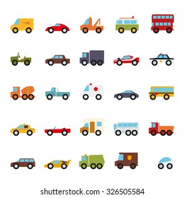 Automobiles Flat Design Vector Icons Collection. Set of 25 cars, vans and other motor vehicles color symbols on white background