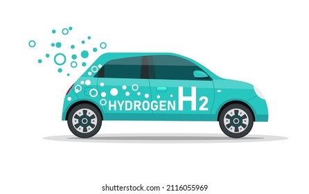 Automobiles with hydrogen motor. H2 fuel car. Ecological engine with zero emissions. Ecology, global warming, clean transportation concept. Editable vector illustration isolated on a white background.