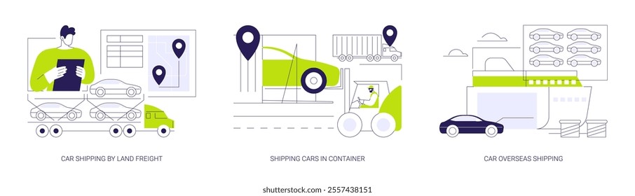 Automobiles international shipping abstract concept vector illustration set. Car shipping by land freight, shipping cars in container, vehicle overseas shipping, automotive business abstract metaphor.