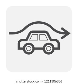 Automotive Aerodynamic Test In Wind Tunnel Or Factory Vector Icon. Include Car Model, Air Flow. Technology For Research, Prototype Shape Design, Affect Of Speed Airflow For Auto, Automobile, Vehicle.