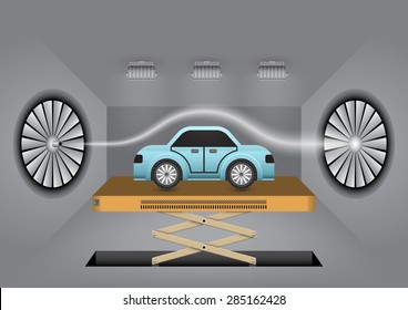 Automotive Aerodynamic Test In Wind Tunnel Or Factory. Include Car Model, Scissor Lift, Air Flow. Technology For Research, Design Shape, Affect Of Airflow For Automobile, Vehicle. Vector Illustration.