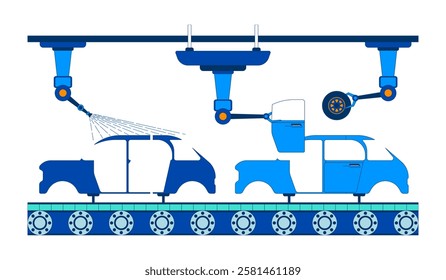 Automotive assembly line 2D cartoon object. Auto factory. Robotics in automobile industry. Car production robotic arms isolated element flat vector clipart on white background. Spot illustration