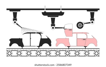 Automotive assembly line black and white 2D object. Auto factory. Robotics in automobile industry. Car production robotic arms isolated clip art vector outline item. Monochromatic spot illustration