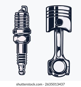 Automotive Asset Hand Draw Piston Spark Plug Illustration for Logo, T-shirt Design and Others