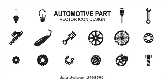 Automotive automobile and motorcycle part related vector icon user interface graphic design. Contains such Icons as light bulb, screwdriver, wrench, shock breaker, suspension, muffler, exhaust