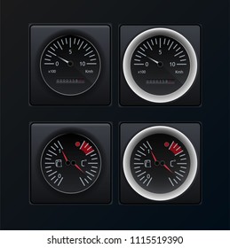 Automotive or aviation instrument panel instruments, on a dark background.The images of the devices are grouped. Analog devices. Vector image.