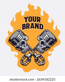 Automotive Badge Double Piston Fire Skull Illustration for Logo, T-shirt Design and Others