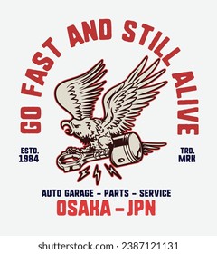 Automotive Badge Eagle Hold Piston Illustration for Logo, T shirt Design and Others