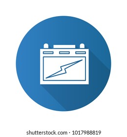 Automotive battery flat design long shadow glyph icon. Lead acid battery. Vector silhouette illustration