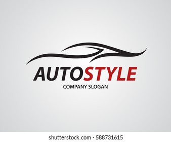 Automobil-Logo-Design mit abstraktem Silhouettensymbol für Sportfahrzeuge einzeln auf hellgrauem Hintergrund.  Vektorgrafik.