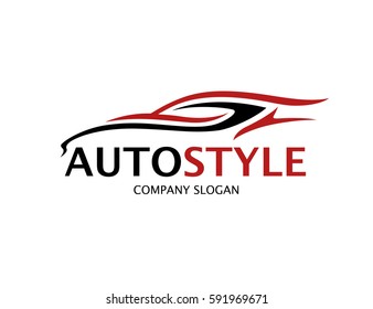 Automotive car logo design with abstract style black and red sports vehicle silhouette icon isolated on white background. Vector illustration.