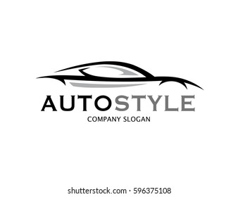 Automotive car logo design with abstract style black and grey sports vehicle silhouette icon isolated on white background. Vector illustration.