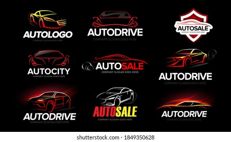 Automotive Car Logo Template Design set. Auto car dealer logo design with concept sports vehicle icon silhouette on black background. Vector illustration.