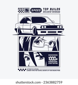 automotive car poster design, car illustration with cute girl characters.