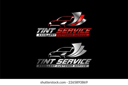 automotive car window tint logo design template modern vector silver red color combination, isolated on black background