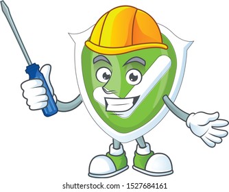 Automotive checkmark shield character on white background.