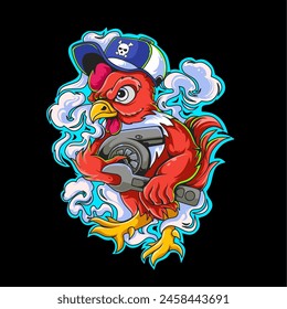 Automotive chicken mascot with wrench and turbo