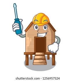 Automotive chicken in a wooden cartoon coop