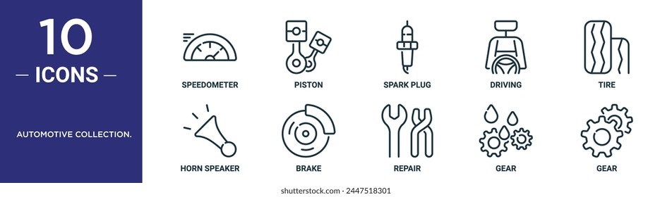 automotive collection. outline icon set includes thin line speedometer, piston, spark plug, driving, tire, horn speaker, brake icons for report, presentation, diagram, web design