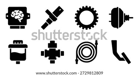 Automotive components like engine control unit, sensor, gear, brake booster, reservoir, hose, pedal, and pipe.
