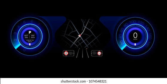 Automotive Dashboard Of The Future. Hybrid Car. Diagnostics And Elimination Of Breakdowns. Blue. HUD Style. Vector Image.