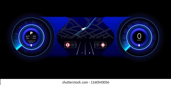 Automotive Dashboard Of The Future. Hybrid Car. Diagnostics And Elimination Of Breakdowns. Blue. HUD Style. Vector Image.