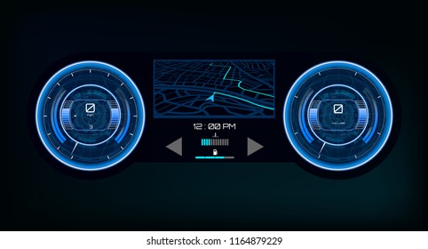 Automotive Dashboard, Futuristic Style. Car Instrument Panel. Tachometer, Data Display And Navigation (gps) Template Automotive Dashboard.  Vector Illustration