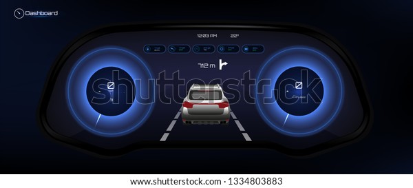 Automotive Dashboard, Futuristic Style. Car\
Instrument Panel. Tachometer, Data Display and Navigation (gps)\
Template Automotive Dashboard.  Vector\
illustration