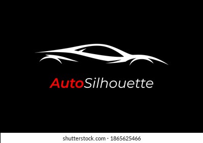 Automotive dealership style car logo design with concept sports vehicle icon silhouette isolated on black background. Vector illustration.