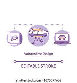 Automotive design concept icon. Vehicle exterior sketching and computer aided styling idea thin line illustration. Automobile manufacture. Vector isolated outline RGB color drawing. Editable stroke