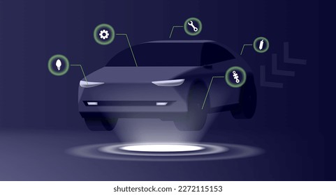 Automotive diagnostics in digital futuristic style. 3d modern SUV auto highlighted and service icons around it