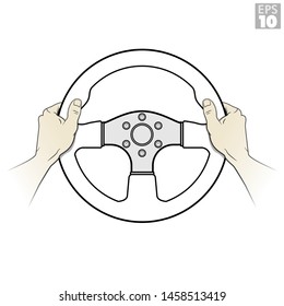 An automotive driver holding a racing steering wheel with proper thumb position for safe driving.